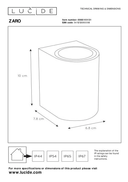 Lucide ZARO - Foco de pared / Lámpara de pared Dentro/Fuera - 1xGU10 - IP44 - Blanco - técnico